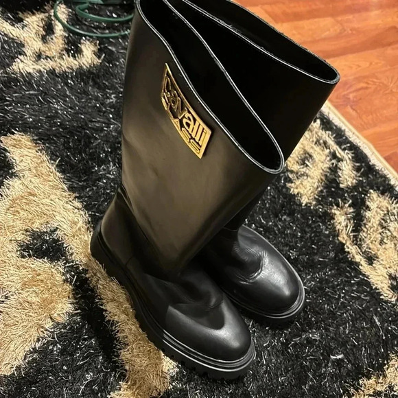 Cavalli Class Black  Knee high Calf skin Leather Combat Boots Sz 8 - Picture 8 of 17